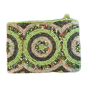 Handmade Beaded Coin Purse Green‎ Brown 5.5"L X 4"W